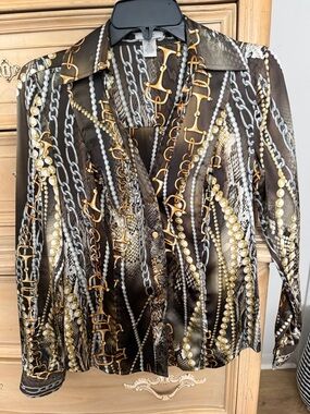 Silk Cache Chain Print clip up Blouse in grey and Gold